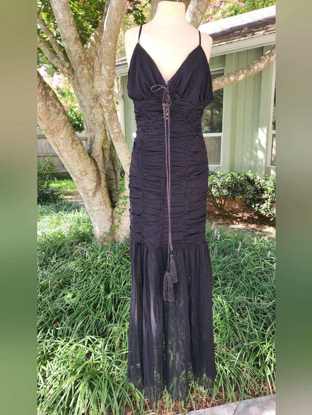 Gothic Halloween Black Lace Ruched Corset Maxi Dress Small